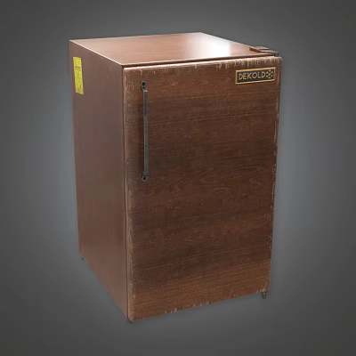 Vintage Brown Refrigerator Freezer With Wood Grain Surface Single Door And Record Label 3d model