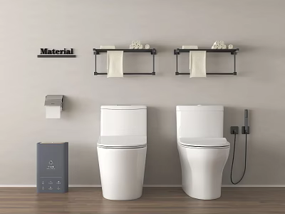 Two White Toilets In Bathroom With Black Shelves Towels And Wooden Floor 3d model
