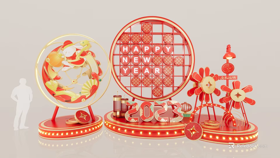 New Year DP Installation With Red Decorations Koi Fish Lanterns And 2023 Elements 3d model