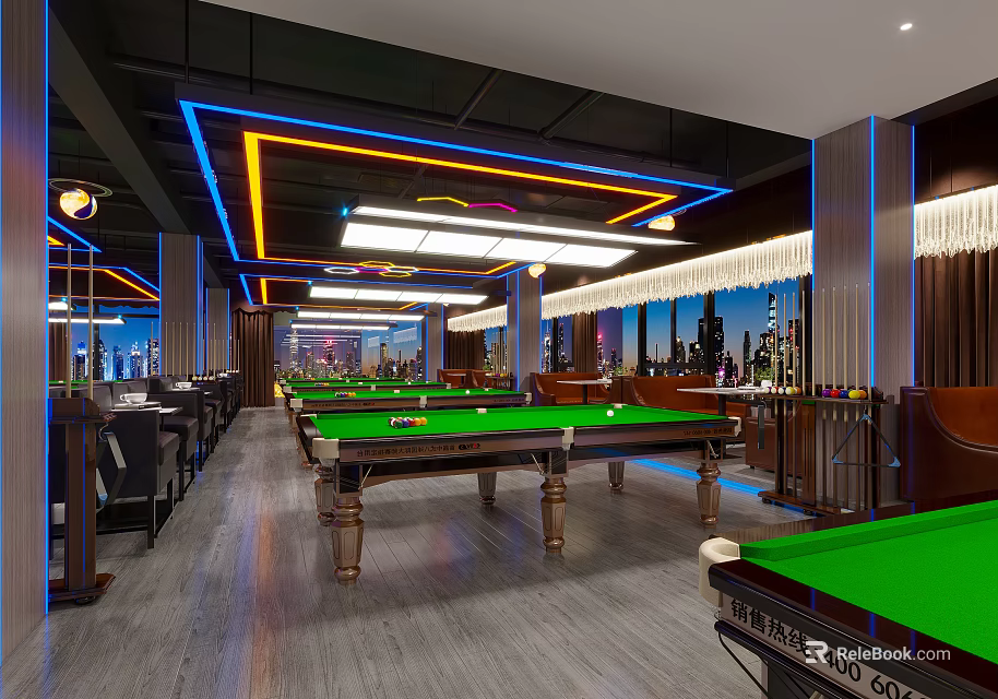 Modern Billiard Room Interior With Green Pool Tables Colorful Lighting And City Night View 3d model 
