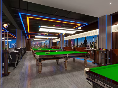 Modern Billiard Room Interior With Green Pool Tables Colorful Lighting And City Night View 3d model