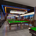 Modern Billiard Room Interior With Green Pool Tables Colorful Lighting And City Night View