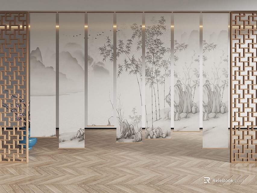 Traditional Chinese Window Blinds With Landscape Painting And Bamboo Patterns For Interior Design 3d model 
