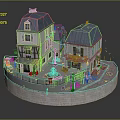 Cartoon Town Scene With Blue Roof Buildings Storefronts Fountain Benches And Autumn Trees