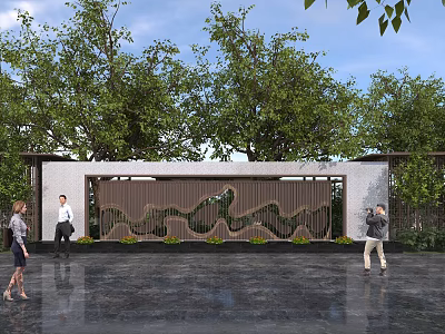 Modern Scenic Feature Wall With Wooden Pattern Surrounded by Green Trees and Pedestrians 3d model