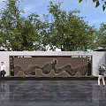 Modern Scenic Feature Wall With Wooden Pattern Surrounded by Green Trees and Pedestrians