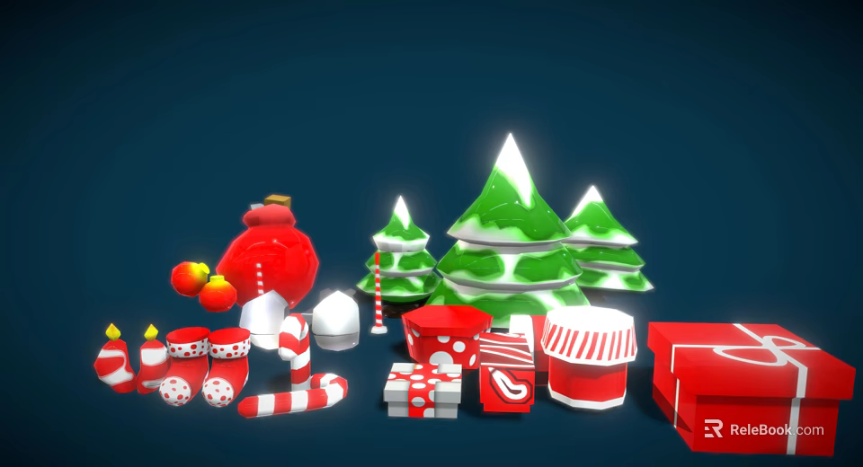 Festive Decorative Christmas Ornament Set with Snowy Green Trees Balls Gift Boxes Candy Canes Stockings 3d model 