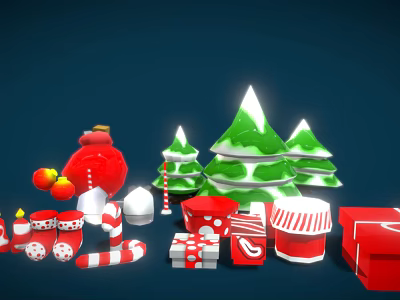 Festive Decorative Christmas Ornament Set with Snowy Green Trees Balls Gift Boxes Candy Canes Stockings 3d model
