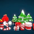 Festive Decorative Christmas Ornament Set with Snowy Green Trees Balls Gift Boxes Candy Canes Stockings