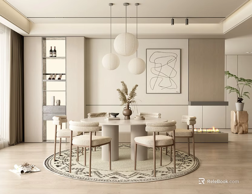 Modern Restaurant Dining Area With Round Table Chairs Pendant Lights Decorative Art and Neutral Tones 3d model 