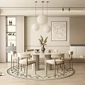 Modern Restaurant Dining Area With Round Table Chairs Pendant Lights Decorative Art and Neutral Tones