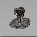 Brown White Horse With Decorative Saddle Blue Blanket Standing On Snowy Ground Dry Grass