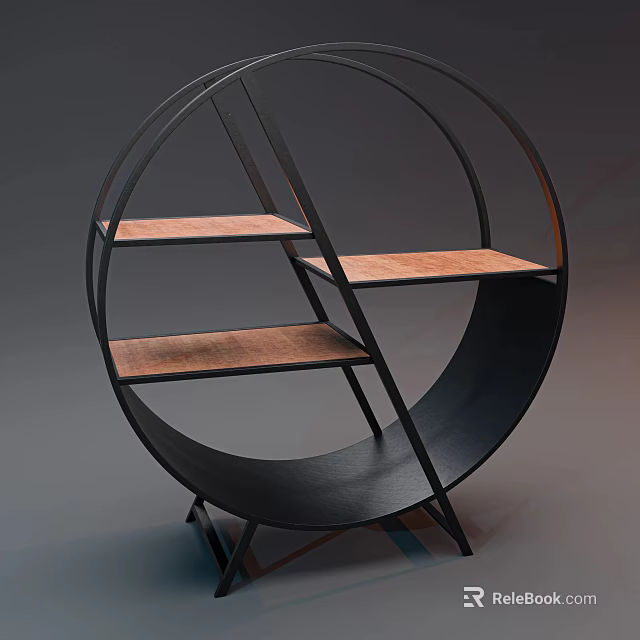 Modern Circular Shelving Unit With Black Metal Frame And Wooden Shelves 3d model 