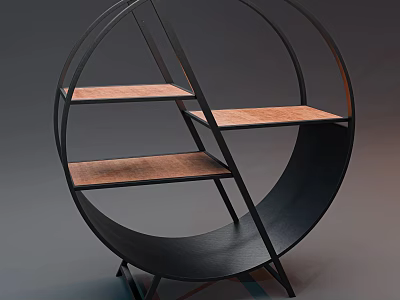 Modern Circular Shelving Unit With Black Metal Frame And Wooden Shelves 3d model