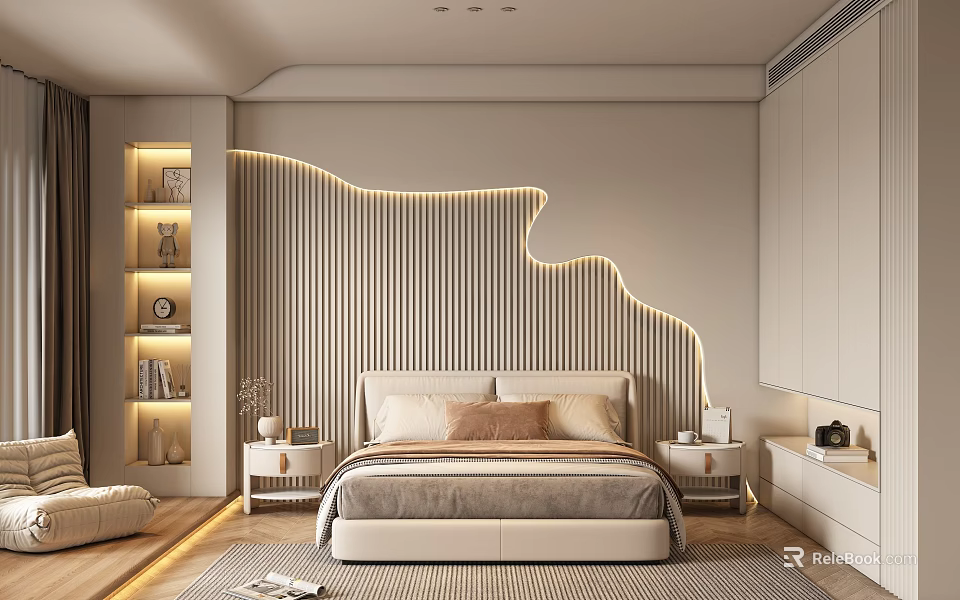 Minimalist Bedroom Interior With Wooden Slat Wall LED Strip Lights Beige Bed And Nightstands 3d model 
