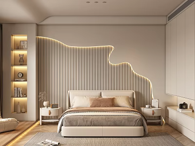 Minimalist Bedroom Interior With Wooden Slat Wall LED Strip Lights Beige Bed And Nightstands 3d model