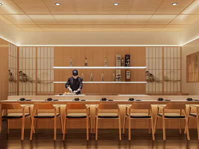 Japanese Restaurant With Open Counter Chef Wooden Seats And Traditional Wall Decor 3d model