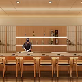 Japanese Restaurant With Open Counter Chef Wooden Seats And Traditional Wall Decor