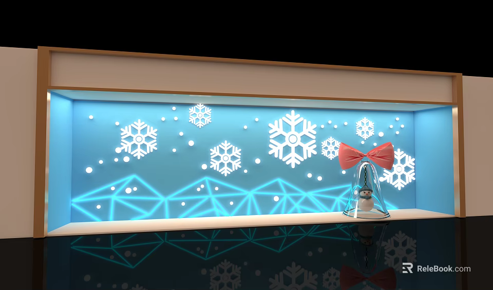 Decorative Display With Blue Background White Snowflakes Bell Red Bow And Geometric Patterns Reflections 3d model
