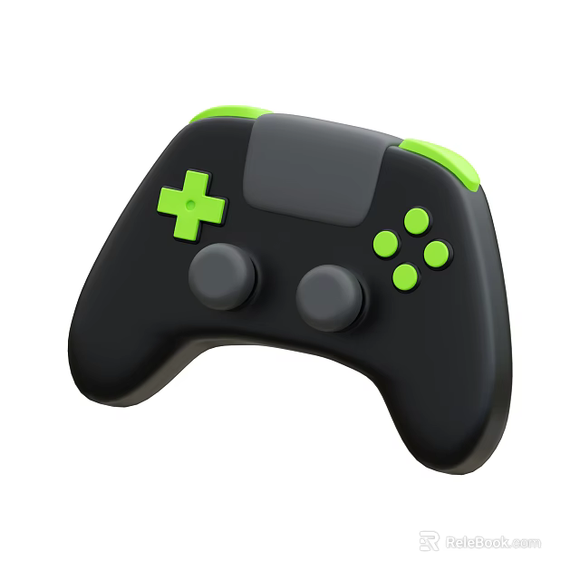 Black Game Controller With Green Cross D-pad Round Buttons And Gray Joysticks Design 3d model 