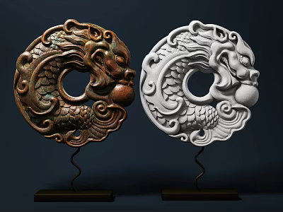 Elegant Dragon Design Circular Decorative Ornament Set with Bronze and White Finish and Stand Base 3d model