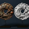 Elegant Dragon Design Circular Decorative Ornament Set with Bronze and White Finish and Stand Base