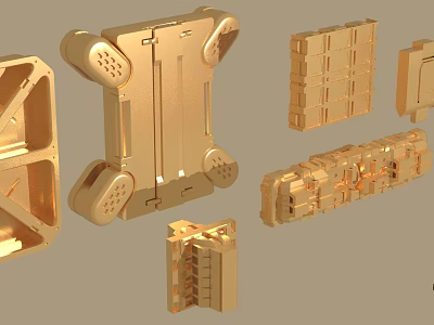 Golden Mechanical Parts With Various Different Shapes And Intricate 3D Design Details 3d model