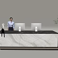Professional Receptionist At Modern Marble Countertop Desk With Computers And Decorative Plant