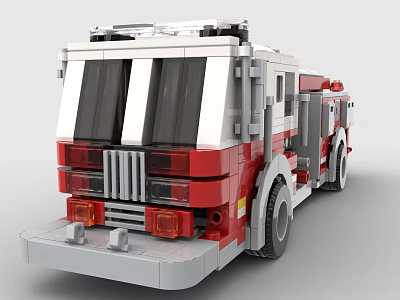 Building Blocks Fire Truck Model Red White Gray Design With Windows Headlights Detailed Construction 3d model