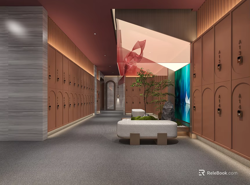 Modern SPA Sauna Locker Room With Wooden Lockers Resting Bench And Green Plants 3d model 
