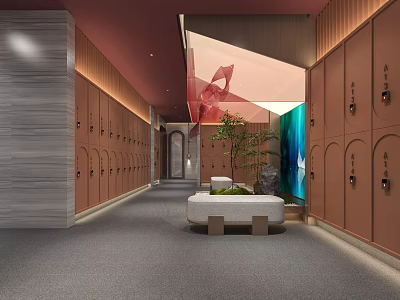 Modern SPA Sauna Locker Room With Wooden Lockers Resting Bench And Green Plants 3d model