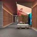 Modern SPA Sauna Locker Room With Wooden Lockers Resting Bench And Green Plants