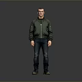 Man Standing in Green Bomber Jacket Blue Jeans and Boots on Gray Background