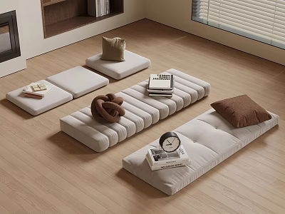 Minimalist Square Floor Rugs On Wooden Floor With Pillows Books And Clock 3d model