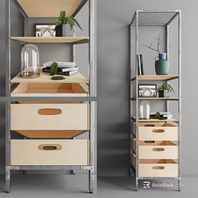 Modern Storage Shelf Rack With Metal Frame Wooden Shelves Drawers Decorative Plants And Books 3d model 