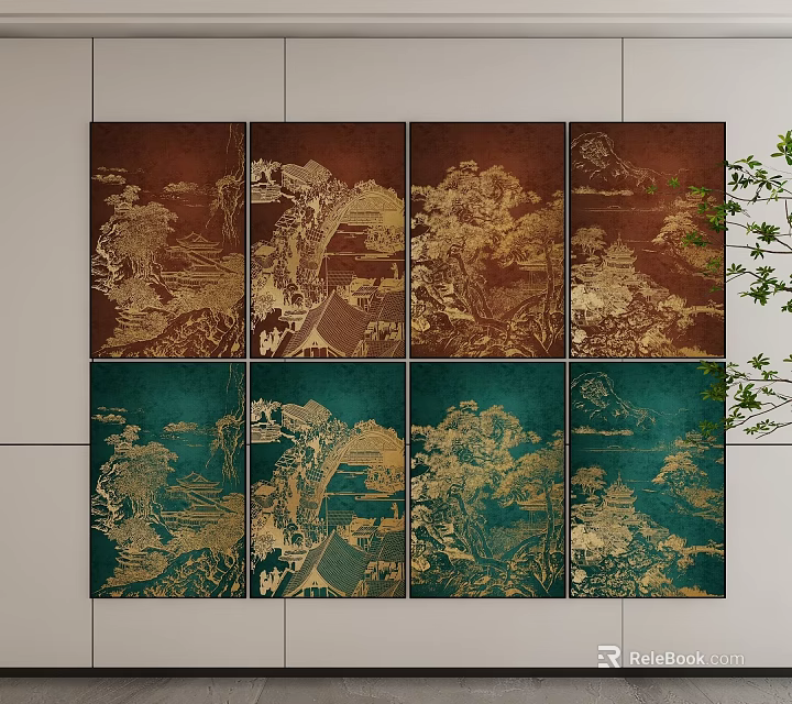 Multi Panel Abstract Painting With Golden Patterns Brown And Teal Wall Decor 3d model