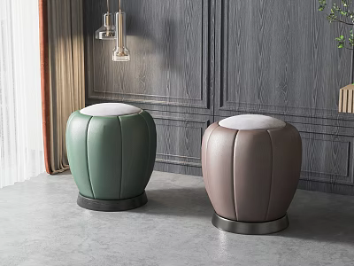 Modern Green And Brown Leather Stools With White Padded Tops And Metal Bases 3d model