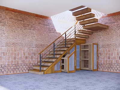 Wooden Staircase With Glass Railing In Room Featuring Brick Walls Skylight And Storage Cabinets 3d model