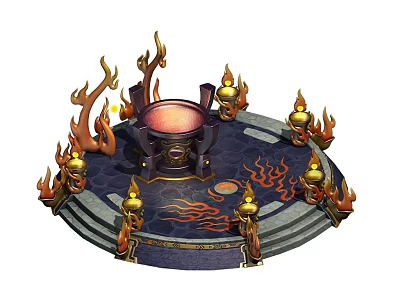 Ancient Decorative Cauldron With Flaming Ornaments And Golden Accents On Circular Base 3d model