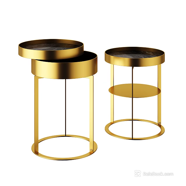Modern Nesting Round Side Tables With Gold Metal Frame And Black Marble Top 3d model