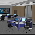 Functional Office Desks in Partitioned Workspace with Computers Office Chairs Large Screen and Windows 3d model
