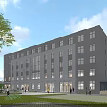 Modern Multi Story Office Building With Glass Facade Green Surroundings And People Around