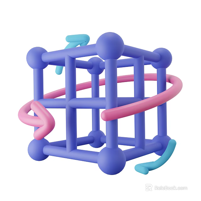Decorative Ornament Set Blue And Pink Geometric Cube Frame With Curved Elements And Spherical Connectors 3d model 