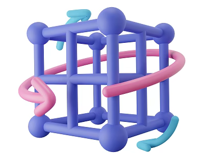 Decorative Ornament Set Blue And Pink Geometric Cube Frame With Curved Elements And Spherical Connectors 3d model