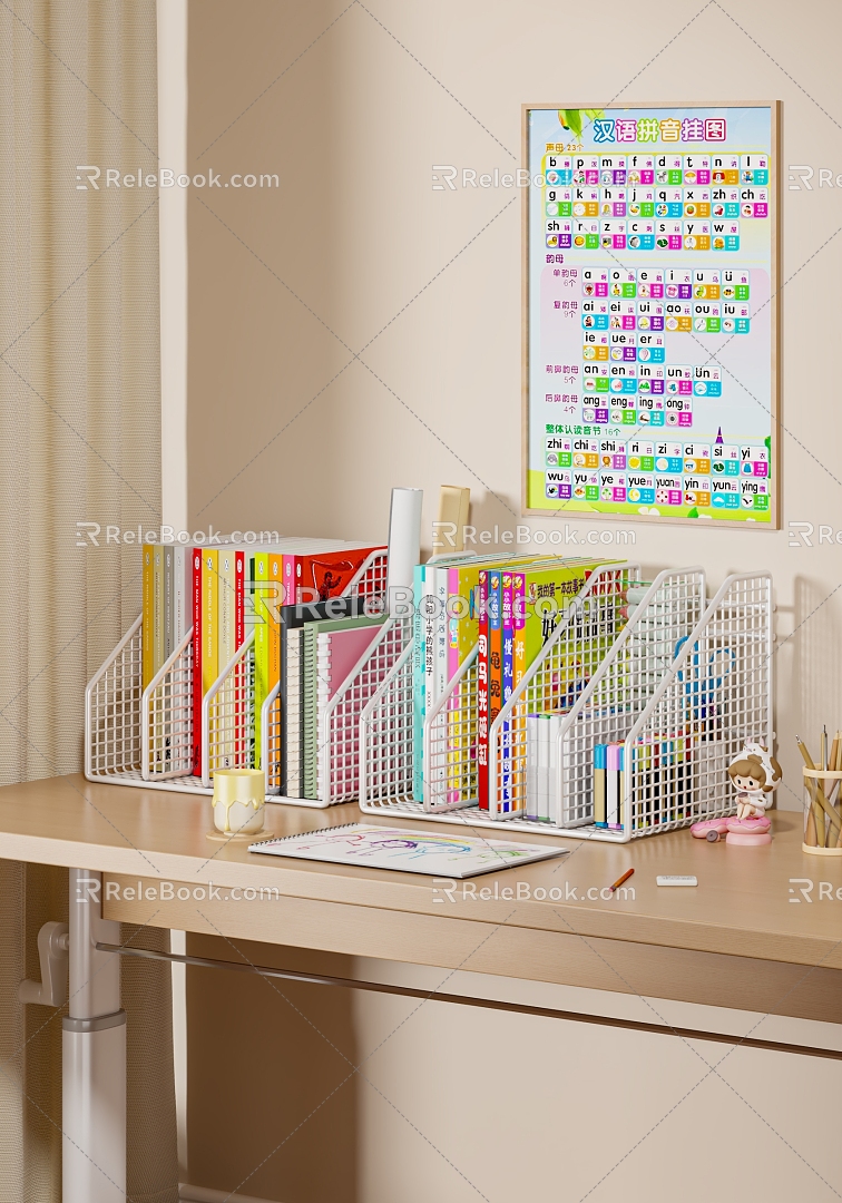 Children's study desk desk bookshelf shelf folder notebook textbook book 3d model