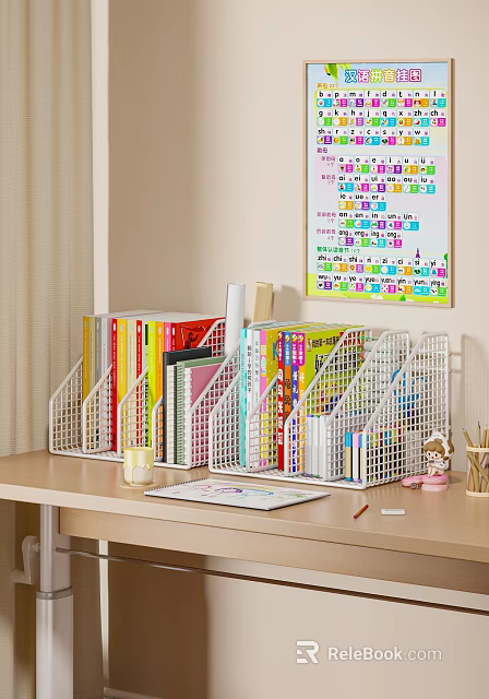 Colorful Books And Magazines In White Grid Baskets On Desk With Small Decorations 3d model 