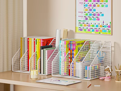 Colorful Books And Magazines In White Grid Baskets On Desk With Small Decorations 3d model