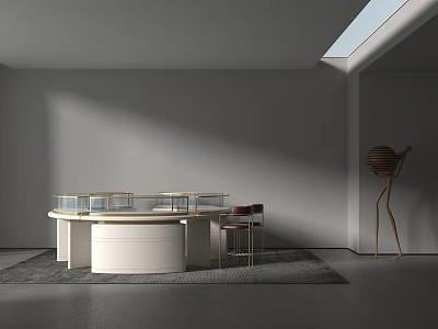 Modern Exhibition Hall Round White Display Cabinet Shelf With Glass Surface And Red Chair 3d model
