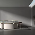 Modern Exhibition Hall Round White Display Cabinet Shelf With Glass Surface And Red Chair