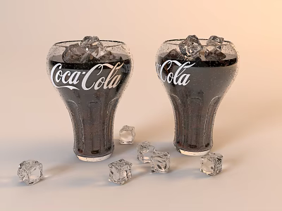 Refreshing Coca-Cola Drink In Two Glasses With Scattered Ice Cubes On Table 3d model